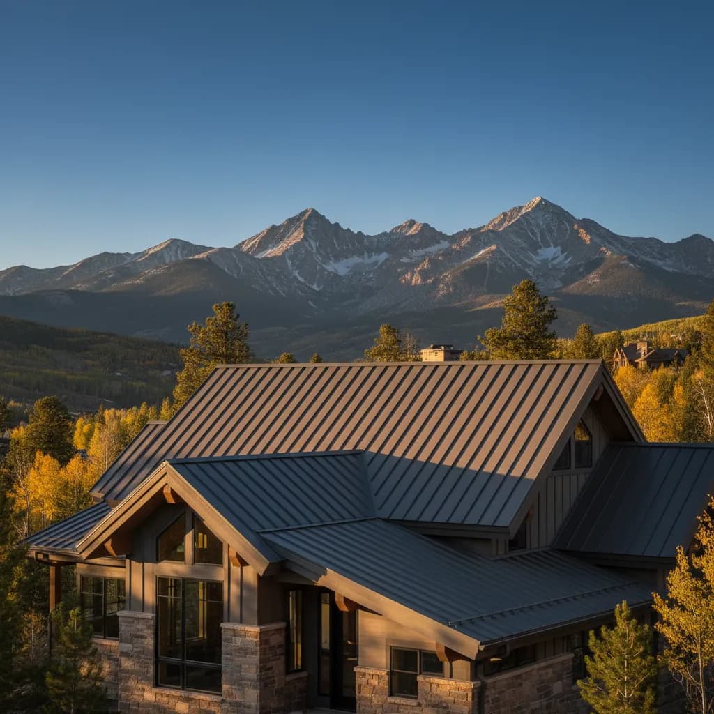 A modern Colorado home with a dark standing seam metal roof set against autumn aspens and mountain peaks