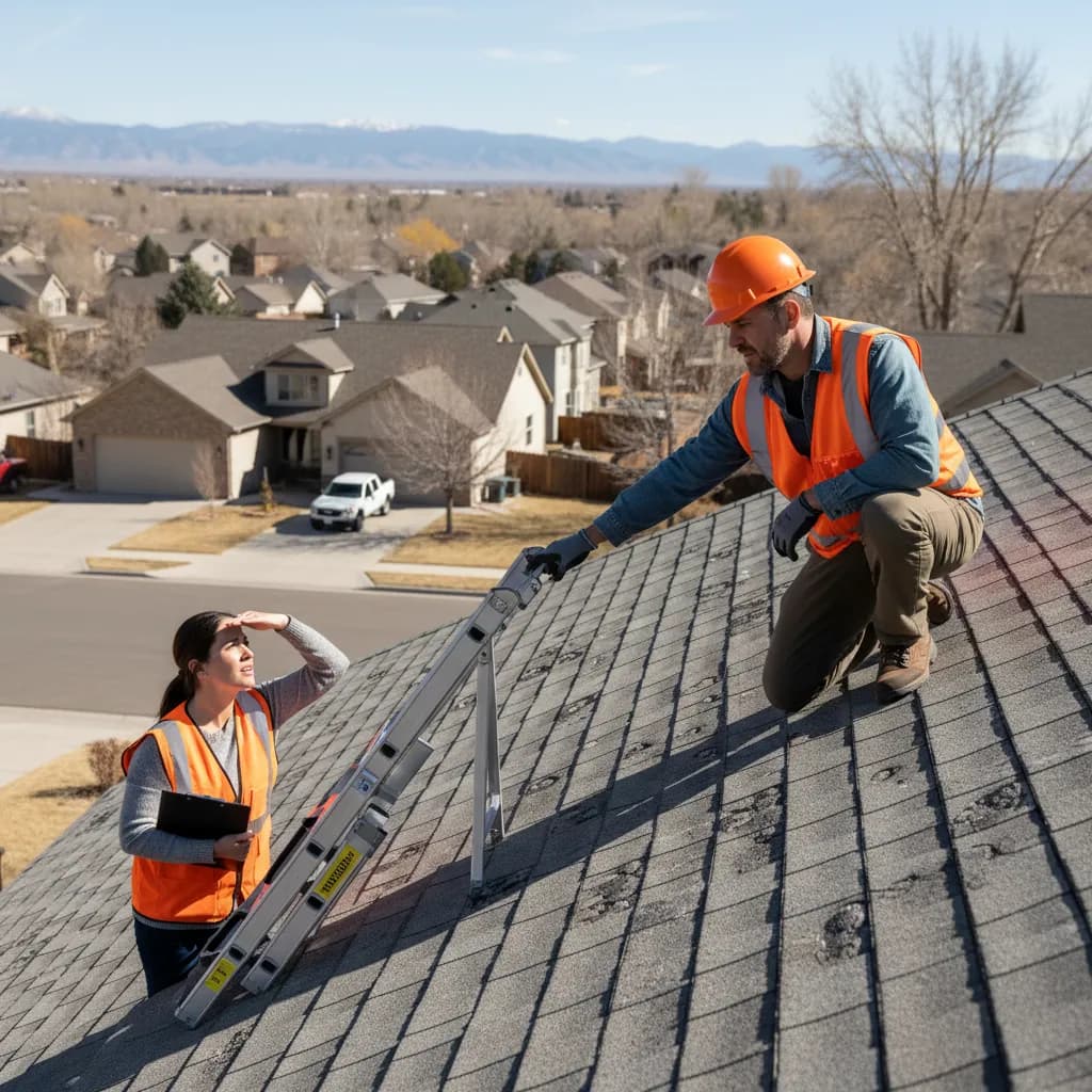 A roof showing circled hail-damage impact marks on asphalt shingles under a blue Colorado sky