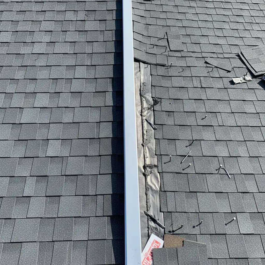 A gloved hand holds a GAF Timberline Class 4 impact-resistant roofing shingle sample