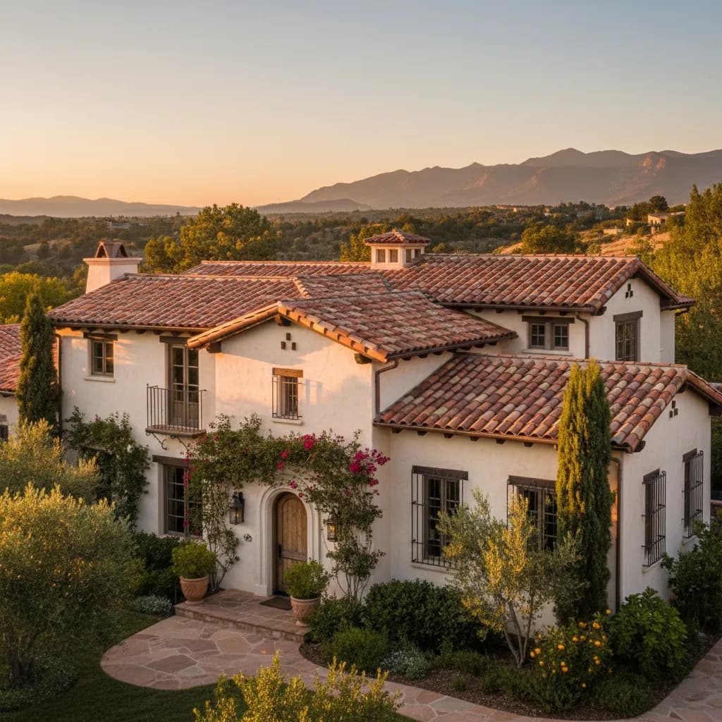 A Spanish-style home with a clay barrel tile roof at golden hour