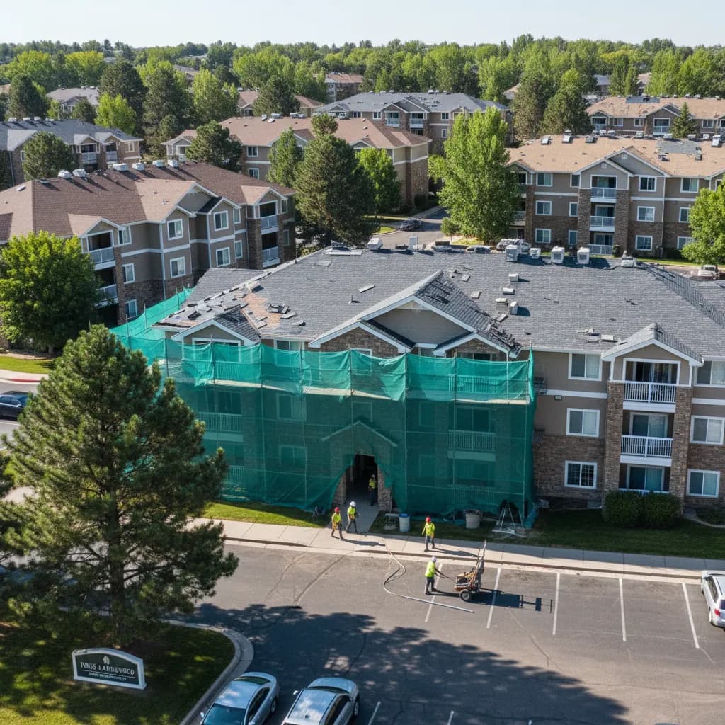 An aerial view of a Front Range apartment complex with roofing crews and safety netting during a multifamily re-roof
