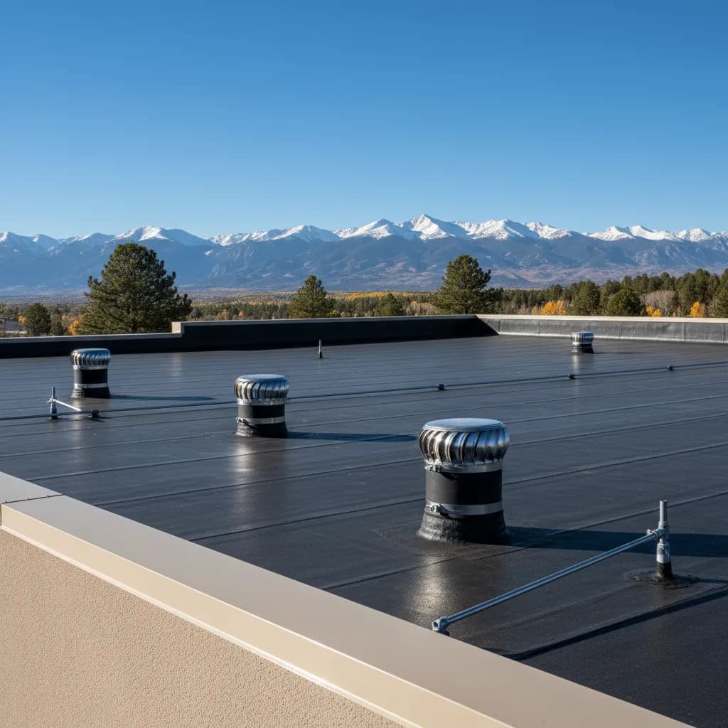 A black EPDM commercial flat roof with vents and Colorado mountains in the distance