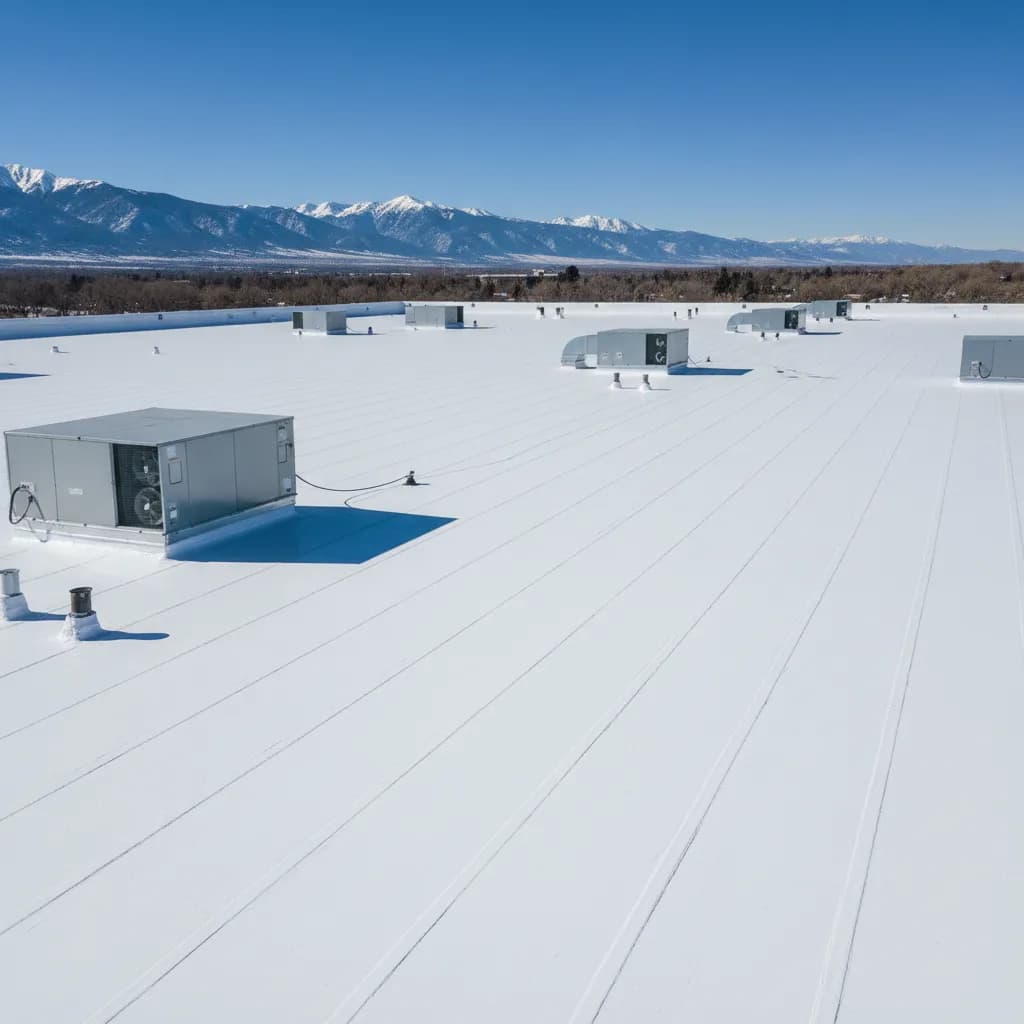A large white reflective TPO commercial roof with rooftop HVAC units and Colorado mountains in the background