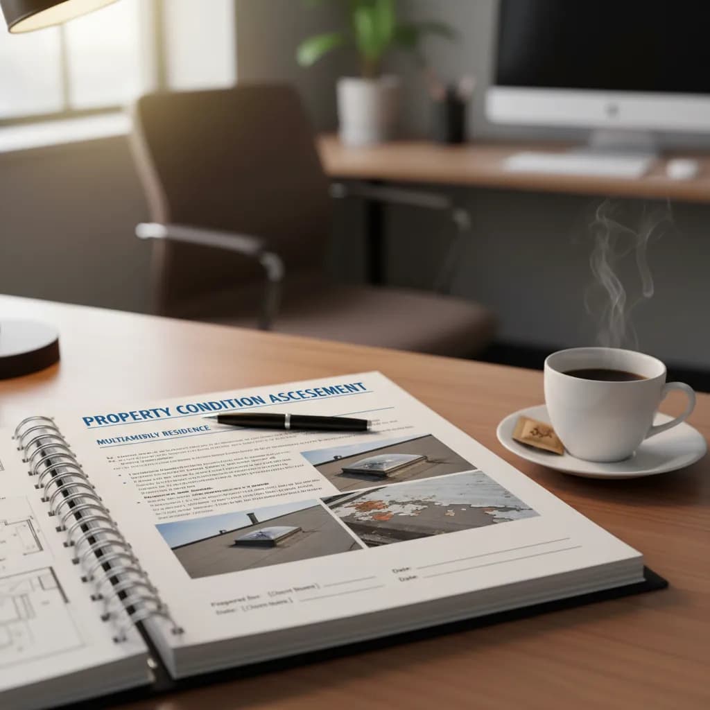 An open Property Condition Assessment report on a desk beside a coffee cup, with inspection photos visible