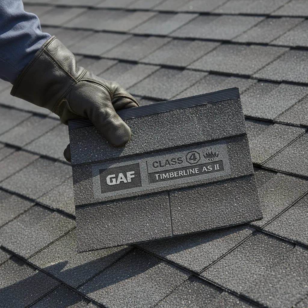 A gloved hand holds a GAF Timberline AS II Class 4 impact-resistant roofing shingle sample