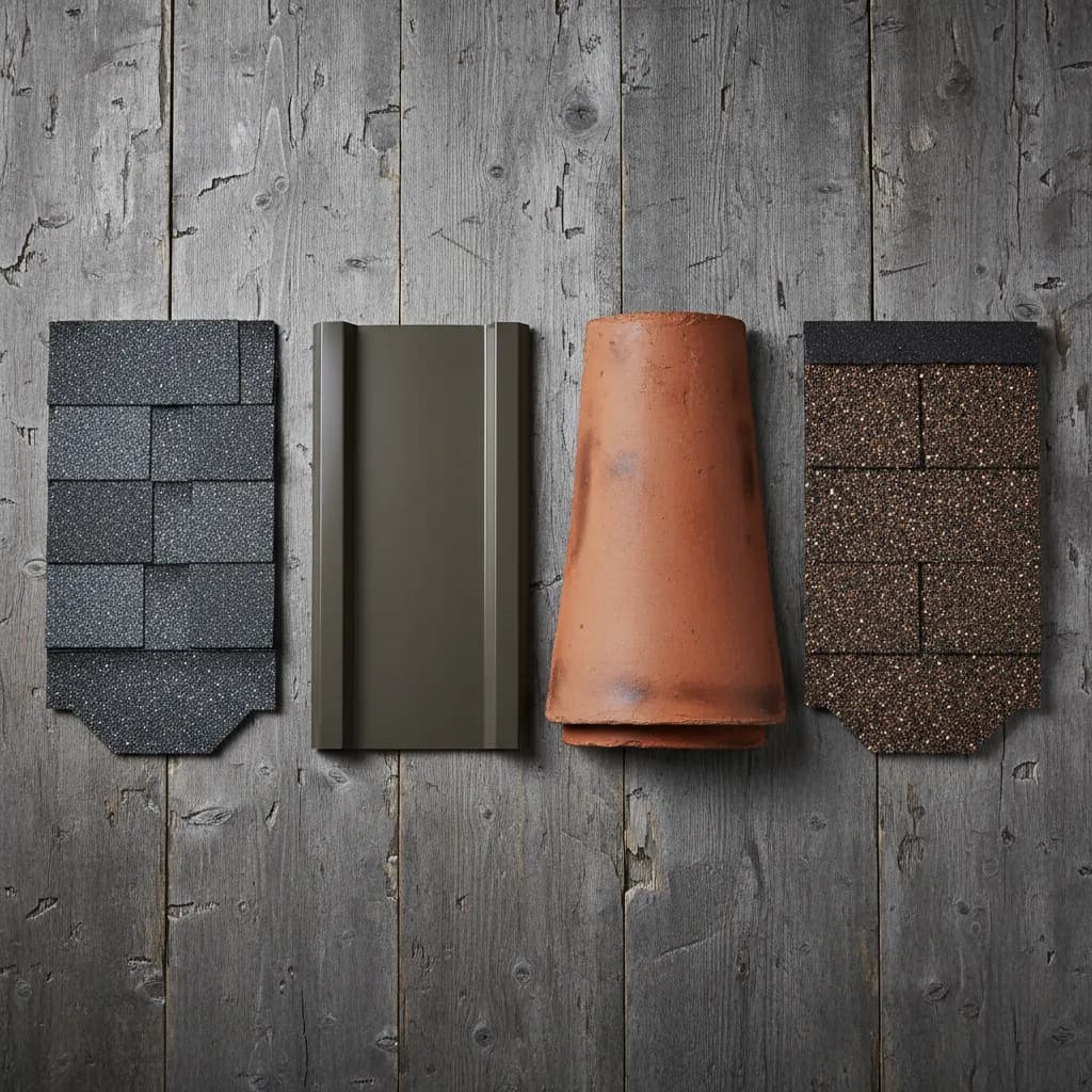 Four roofing material samples — asphalt, metal, clay tile, and stone-coated — laid out on a weathered wood background