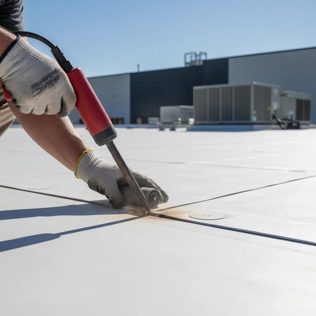 A roofer hot-air welds the seam of a single-ply commercial membrane roof