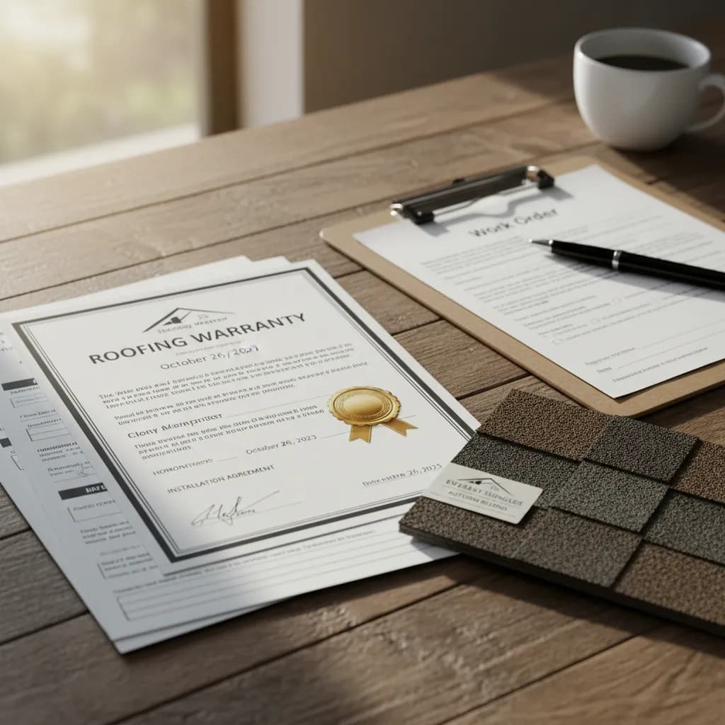 A gloved hand rests on a GAF Master Elite warranty document beside a GAF Certified Roofing Contractor certificate and a shingle sample