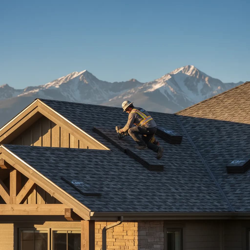 A construction worker installs GAF shingles on a Colorado roof against a mountain backdrop