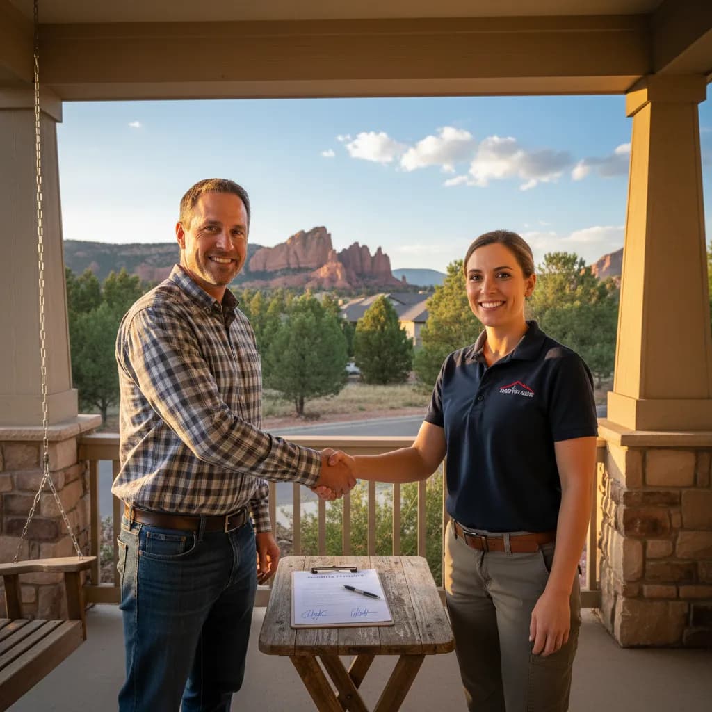 A roofing inspector on a residential roof talking with a homeowner during a post-storm inspection