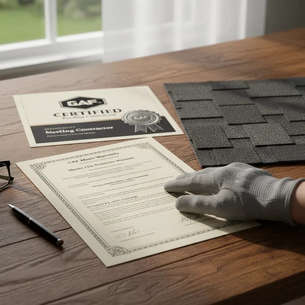 A wooden desk with a Roofing Warranty document, a clipboard work order, a coffee cup, and a roofing shingle sample
