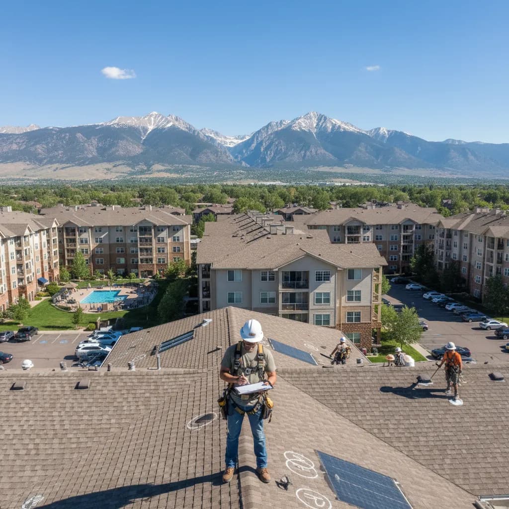 A roofer with a clipboard inspecting an apartment building roof with a Colorado mountain backdrop and crews working in the distance