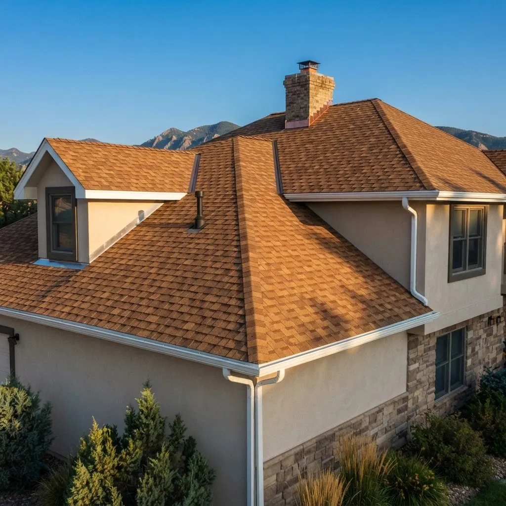 Completed architectural shingle roof on a Colorado Front Range home with ridge vent, flashing, drip edge, and gutters